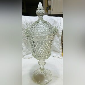 Vintage Indiana Glass diamond point apothecary pedestal candy dish with lid.
